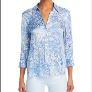 L'AGENCE Dani Blue Ivory Paisley Button Down Silk Blouse LG